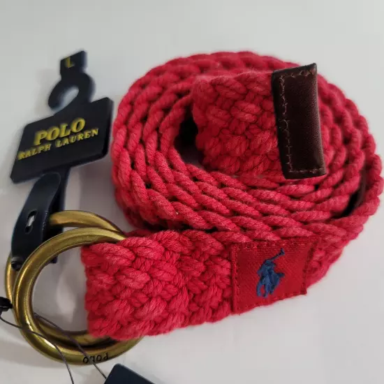 Polo Ralph Lauren Leather-Trim Canvas Belt Mens Large Red Double D Ring Braided