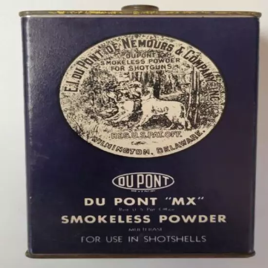 Vintage Dupont MX Smokeless Gun Powder Tin (EMPTY) Paper Label Shotshells Dogs 3