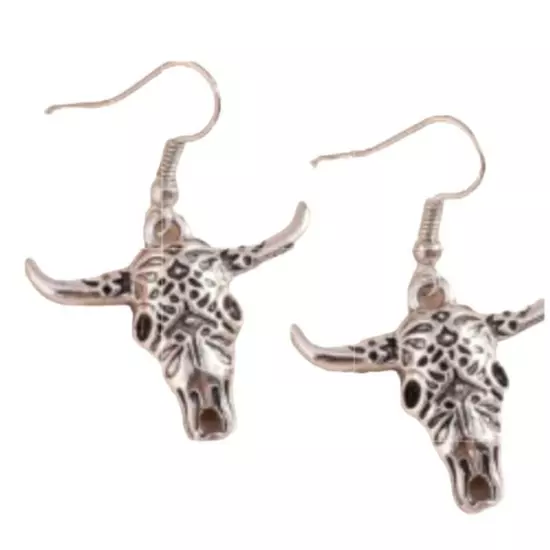 New Cowboy Boho Steer Longhorn Bull Earrings Silver-tone Pierced 2”L Laser Cut