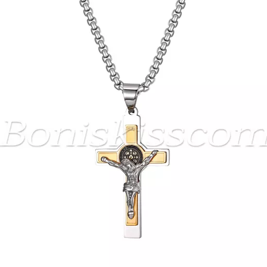 Mens Stainless Steel Saint St Benedict Jesus Crucifix Cross Pendant Necklace 22"