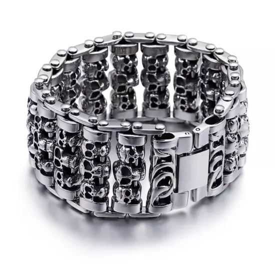 Men's Heavy Stainless Steel Biker Motorcycle Bike Chain Skull Bracelet 9"