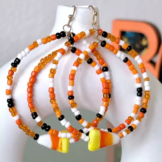 2 3/4" Halloween Orange Black Candy Corn Beaded Double Circles Dangle Earrings