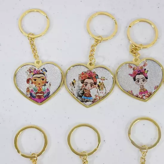 Lot 12 Frida Kahlo Gold Tone Keychain Heart Shape Drawing Mexico Souvenir 4" New