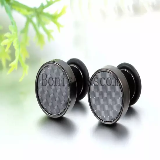 Mens Stud Earrings Stainless Steel Illusion Tunnel Plug Screw Back Carbon Fiber