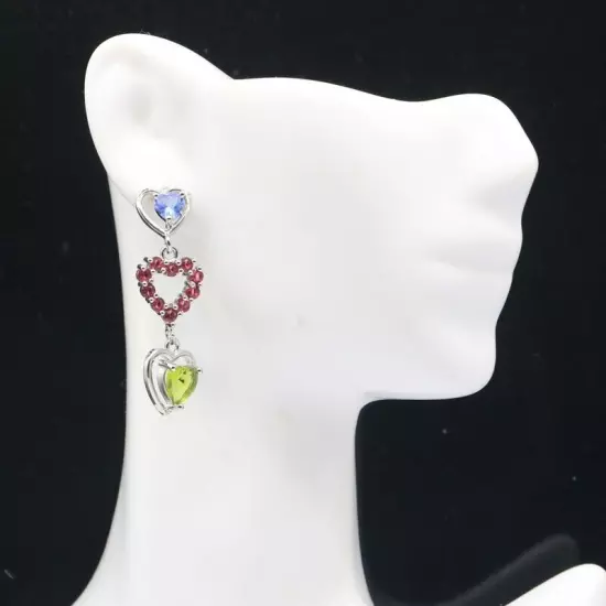 Colorful Created Heart Shape Tanzanite Garnet Green Peridot CZ Silver Earrings