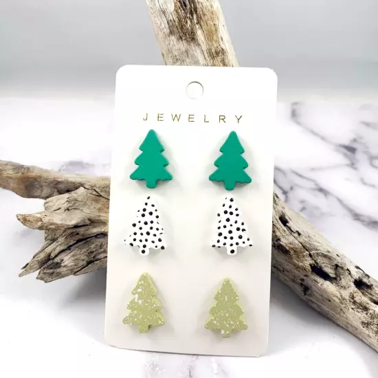 3 Pairs Set Of Christmas Tree Stud Post Earrings - New -