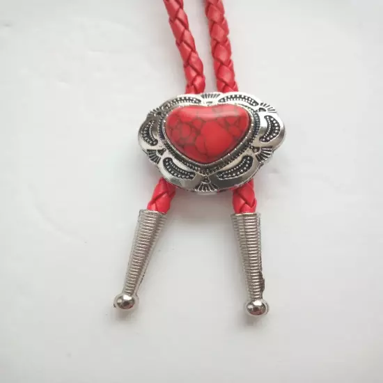 Heart Shape Bolo Tie W/ Red Stone, 36" 4mm Red Braided Cord,W/Silver Tips