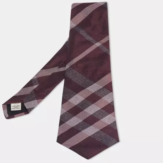 NWT Burberry London Burgundy & Gray Plaid Striped Italian Silk Men's Necktie