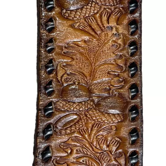 Vtg Tony Lamas Men's Tooled Leather Bill Belt Moon Medallion Brass Buckle Sz 36