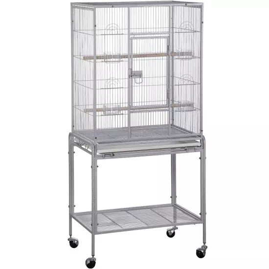 53 Inch Flight Bird Cage Large Wrought Iron Parrot Cage with Rolling Stand White