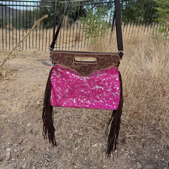 Tooled Leather Cowhide Crossbody Bag With Pink Silver Specs