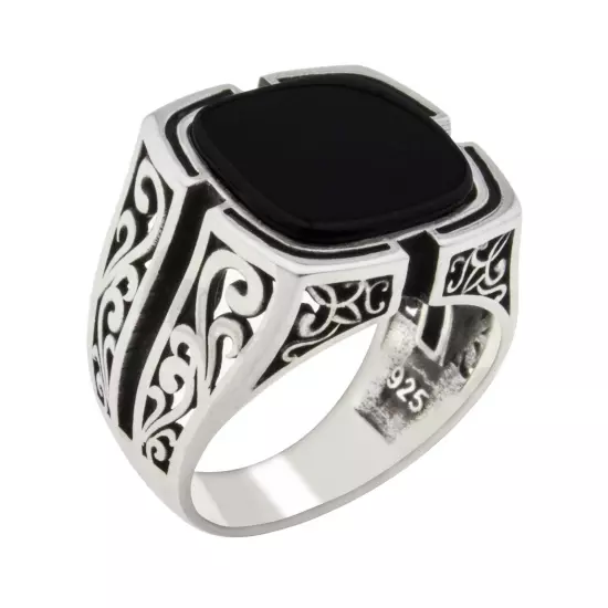 Solid 925 Sterling Silver Black Onyx Stone Turkish Handmade Luxury Men's Ring