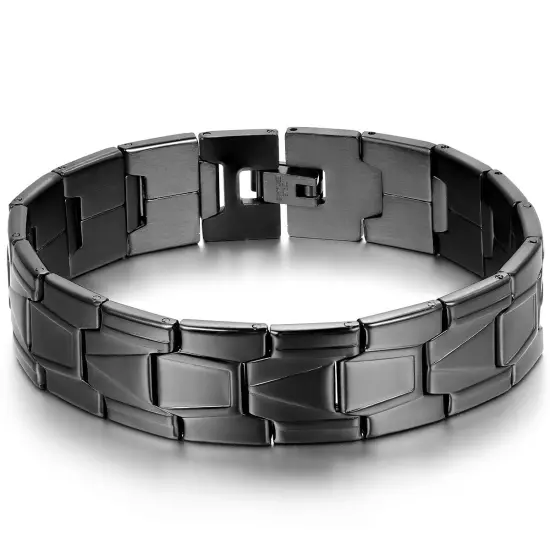 Men's High Polished Stainless Steel Black Greek Key Link Chain Bracelet Bangle