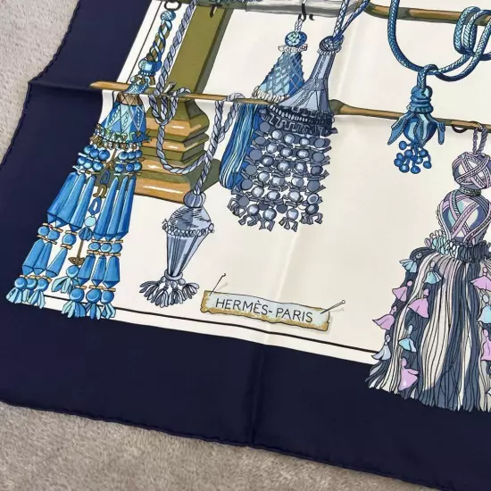 HERMÈS Scarf Carres 90 Blue White Silk Tassel Pattern Women France