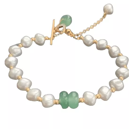 Mason & Madison Pearl Bracelet with Jade Charm Adjustable Crystals Handmade NEW