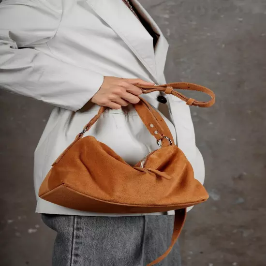 Brown Small Suede Tote Bag Crossbody Hobo Handbag Handmade Underarm Purse