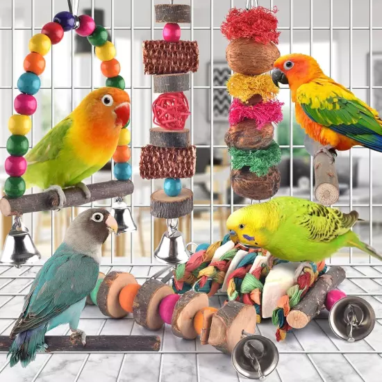 Bissap Bird Chew Toys, 7 Packs Parakeet Natural Wood Toys 7 PCS, 