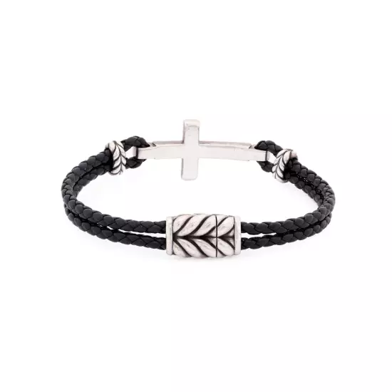 DAVID YURMAN SILVER LEATHER MENS BLACK DIAMOND CROSS BRACELET