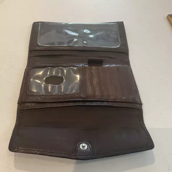 Vintage Fossil Wallet Checkbook Brown Aged Patina Leather Bi-fold Credit Card