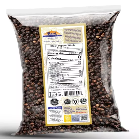 Rani Black Pepper Whole (Peppercorns), Premium Indian MG-1 Grade 14oz (400g)