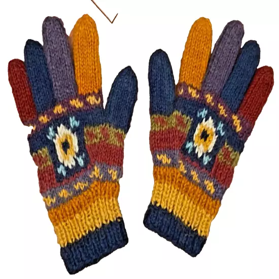 NEWARI 100% Wool Knit Gloves Crochet Nepal Icelandic Multi Color Floral Adult OS