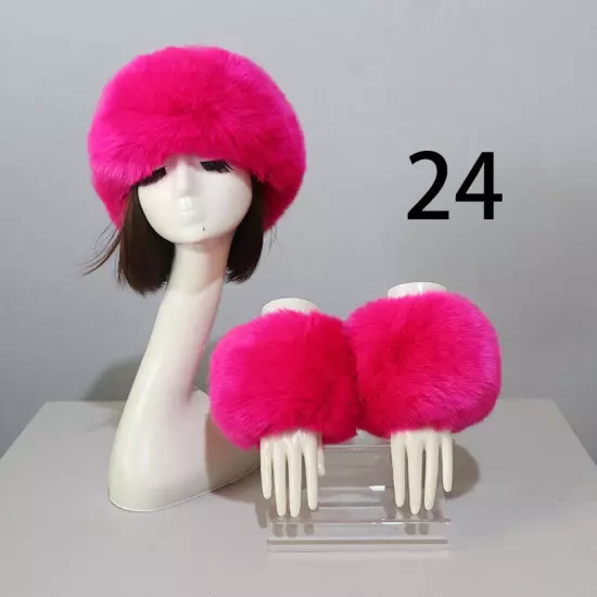 Women Wam Faux Fur Hat Cuff Set Winter Warmer Hat Arm Wrist Sleeve Gloves