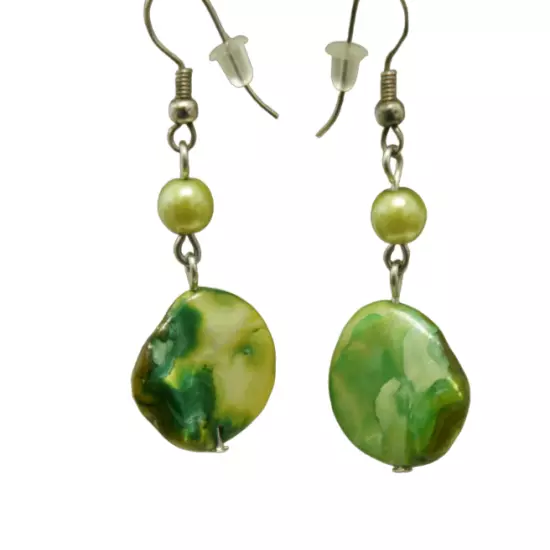 Green Mother of Pearl Dangle Earrings Round Faux Pearl Bead Silver Tone