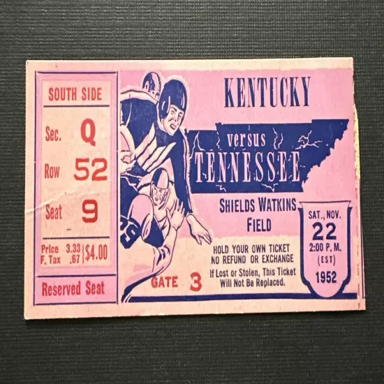 Vintage Rare 1952 Kentucky vs Tennessee Volunteers Football Game Ticket 11/22