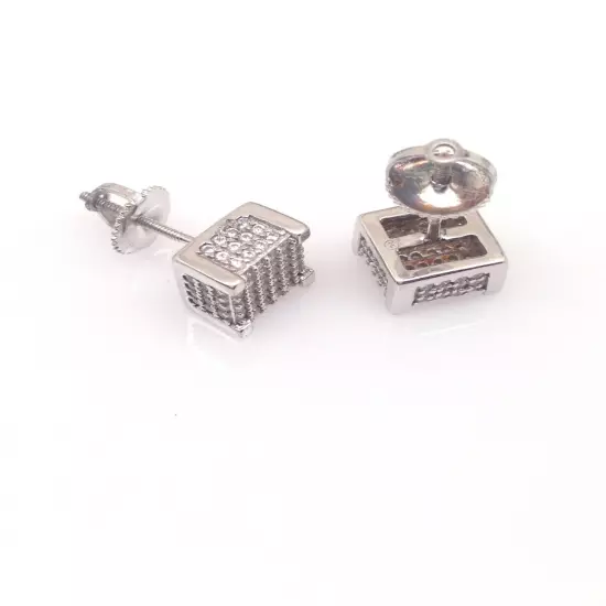 Men's 925 Sterling Silver Cz Square Cube Stud Earrings 7mm x4.5mm Screw Back