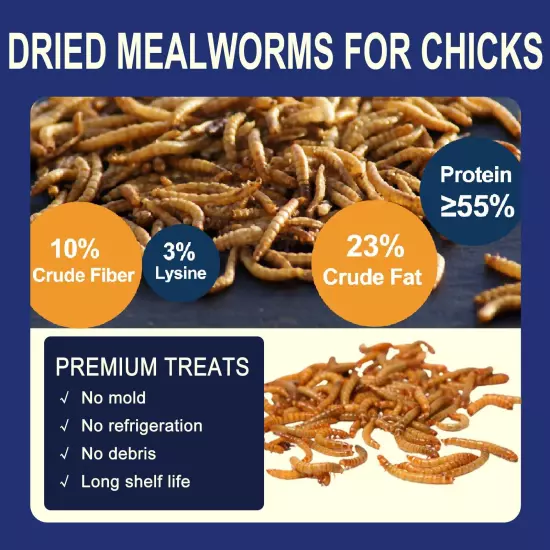 2LBS Non-GMO Dried Mealworms for Chickens, High Protein Meal Worms, Premium C...