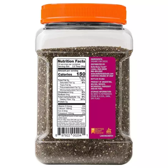 Certified Organic Chia Seeds with Omega-3 Bulk 2 LBs, Superfood, Gluten-Free