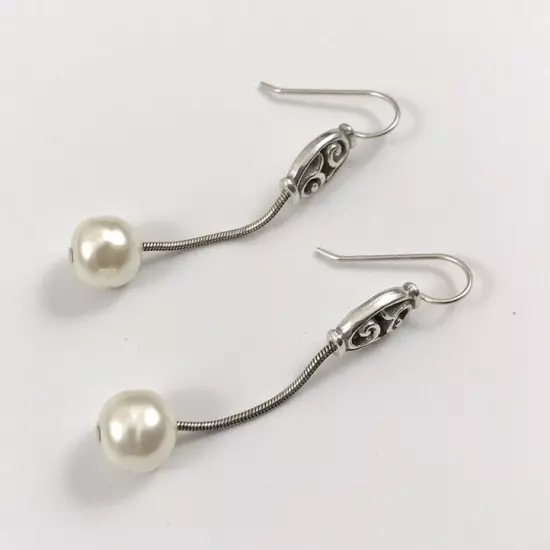 Brighton NWOT Mediterranean Long Silver Pearl French Wire Earrings. #1408