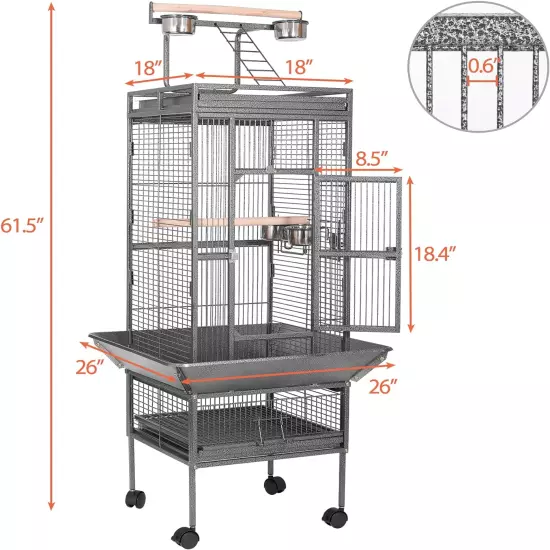 63" Wrought Iron Large Bird Flight Cage Rolling Stand African Grey Parrot Conure