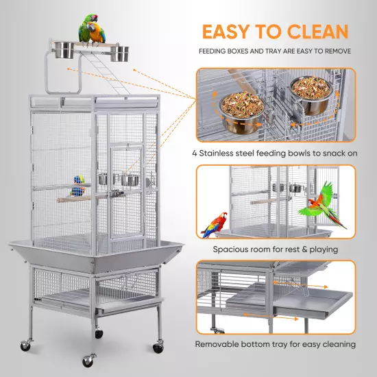 61 Inch 2in1 Large Bird Cage Playtop Parrot Finch Cage with Rolling Stand White