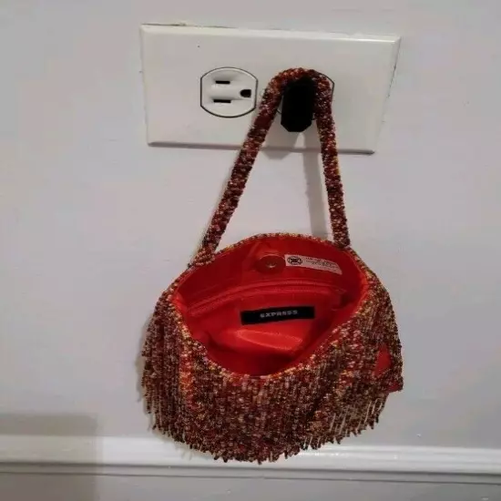 Express Beaded Purse / Handbag Double Handle Fringed Floral Red