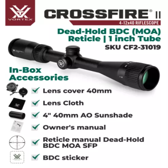 Vortex Optics Crossfire II 4-12X40 Riflescope Dead-Hold BDC MOA with Hat Bundle