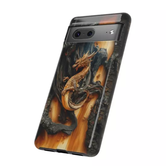 For iPhone, Samsung Galaxy, Pixel - Phone Case Cover - Carved Wood Dragon Print