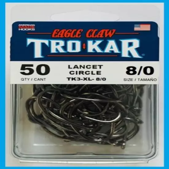 50 Eagle Claw TK3-XL-8/0 TK3 Trokar Lancet Circle Offset Size 8/0 FREE USA SHIP!