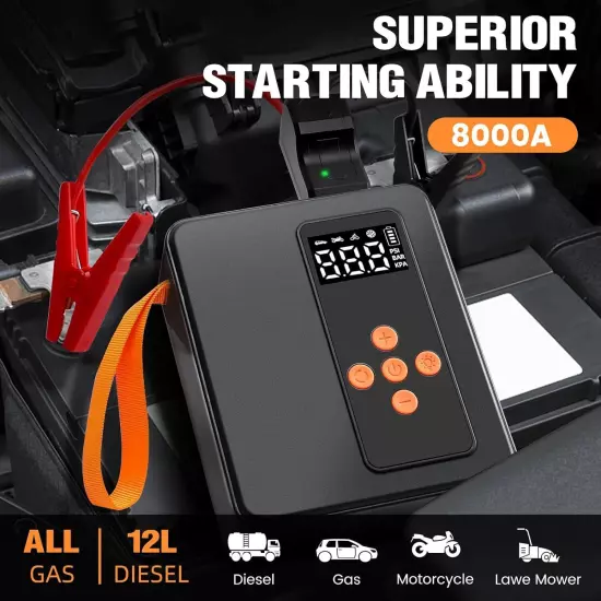 Jump Starter with Air Compressor,8000A 160PSI 32000mAh 12V Car Battery,Tire... 