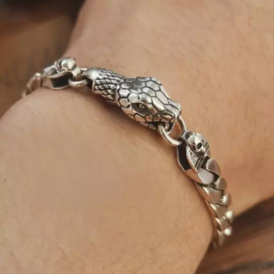 Pure silver 925 Vintage handmade skull snake head Bracelet