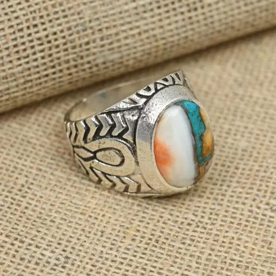 Oyster Turquoise Men's Ring Solid 925 Sterling Silver Statement Ring Al Size B34