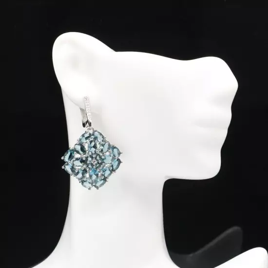 Gorgeous London Blue Topaz White CZ Woman's Present Silver Earrings