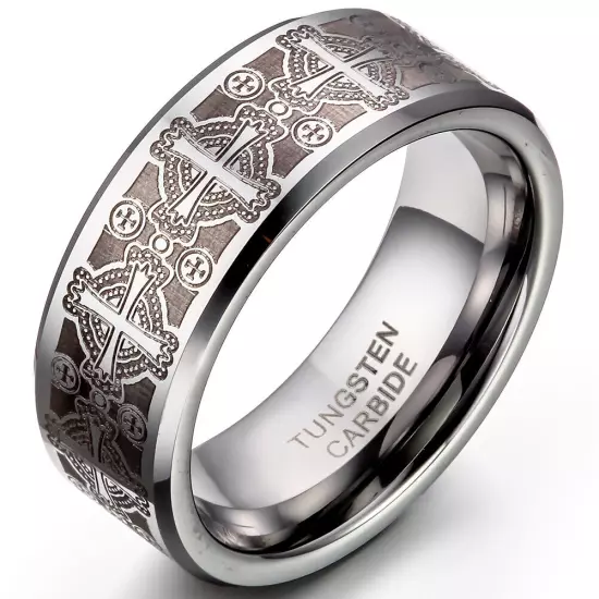 8mm Men's Tungsten Carbide Ring Comfort Fit Laser Celtic Cross Wedding Band