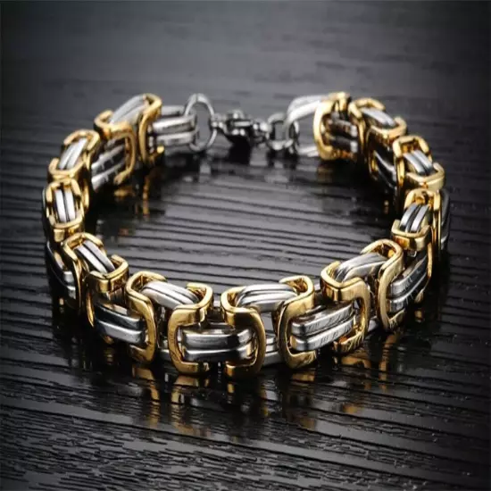 Men's Stainless Steel Silver & Gold Mechanic Byzantine Bracelet Link Chain 8.5"