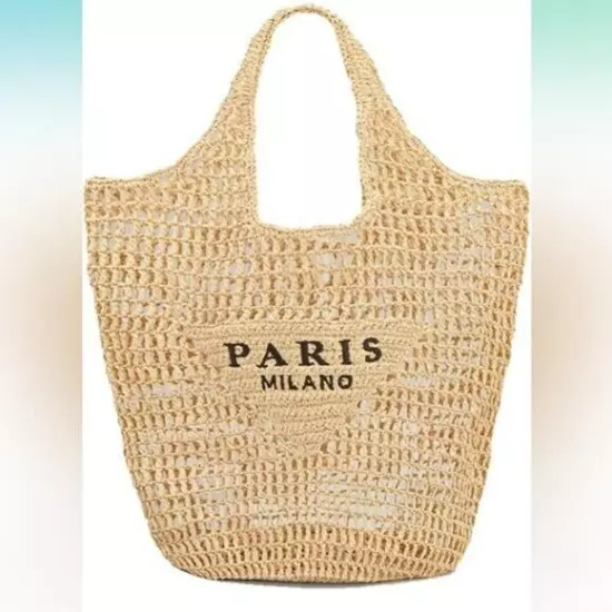 Natural Raffia Knit Tote Bag w Embroidered ‘Paris Milano’ Triangle Design Hobo