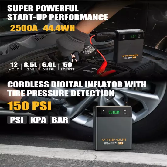 Car Jump Starter Portable Power Bank with Air Compressor 150 PSI Starting Device