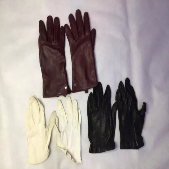 Vintage Womens Gloves Lot of 3 Riding Leather White Black Burgundy