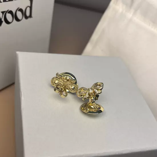 Vivienne Westwood Crystal Golden Tone 3D Orb Butterfly Saturn Earrings with Box