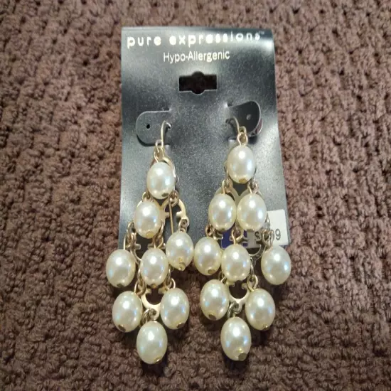 Pure Expressions Hypo-Allergenic Faux Pearl Drop Earrings in Gold Tone