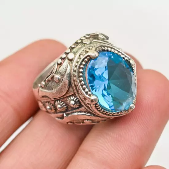 925 Sterling Silver Blue Topaz Gemstone Statement Men's Lovely Ring All Size R71